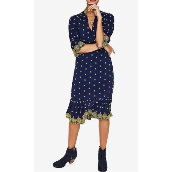 Boden Bronwen Broderie Embroidered Midi Dress in Navy and Yellow Sz 12 - Picture 16 of 16